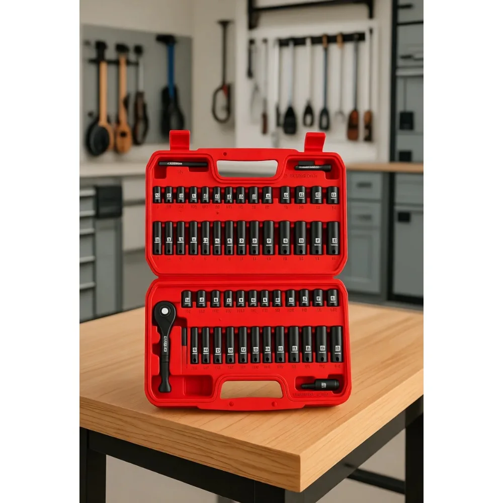 

52 Piece 1 4 Inch Drive Impact Socket Set with Ratchet Adapter Metric SAE Storage for Automotive Household DIY