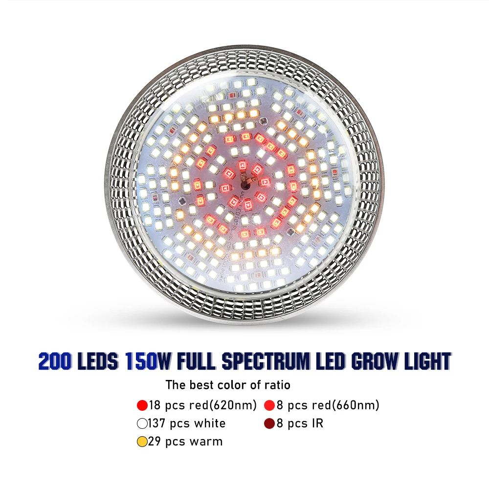 150W Phyto Lamp Full Spectrum Grow Light 200LEDs Plant Lights Bulb Lighting for Hydroponics Flowers Seeds Plants Indoor GrowBox