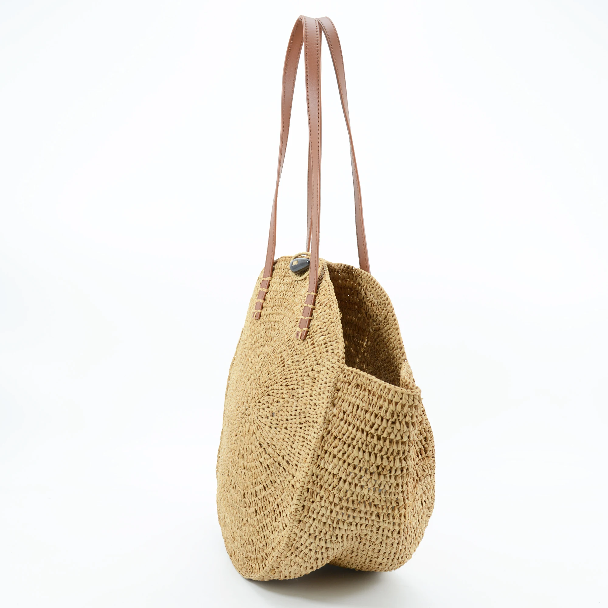 Handmade Crocheted Natural Raffia Shoulder Bag Round Shape Straw Handbag