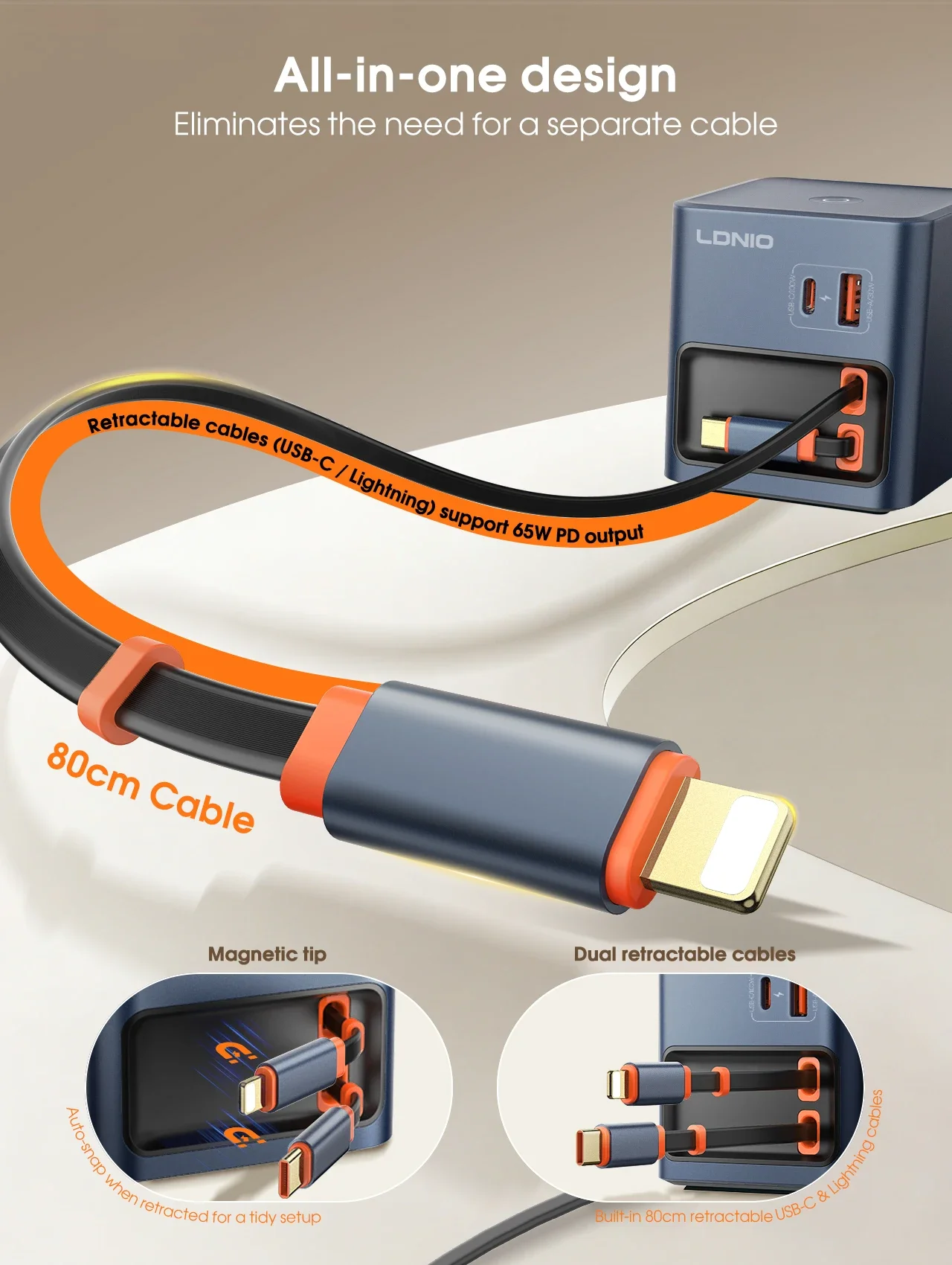 LDNIO Ładowarka Szybka 100W GaN z Kablem USB C Chowanym, Wtyczka EU US AU UK, PD3.0 PPS QC5 do Laptopa MacBook iPhone Samsung — zdjęcie produktu 2