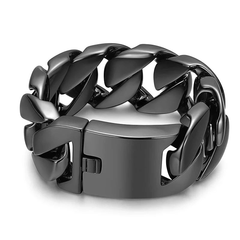 32mm Wide Fashion Mens Bracelet Heavy Thick Black Chunky Curb Cuban Chain Hip Hop 316L Stainless Steel Bracelets Bangle