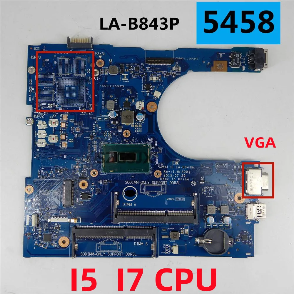 FOR  Dell Inspiron 14, 5458, 15, 5558,   Laptops Motherboard AAL10 LA-B843P  I5-5200U  I7-5500CPU, CN-0XCFXD