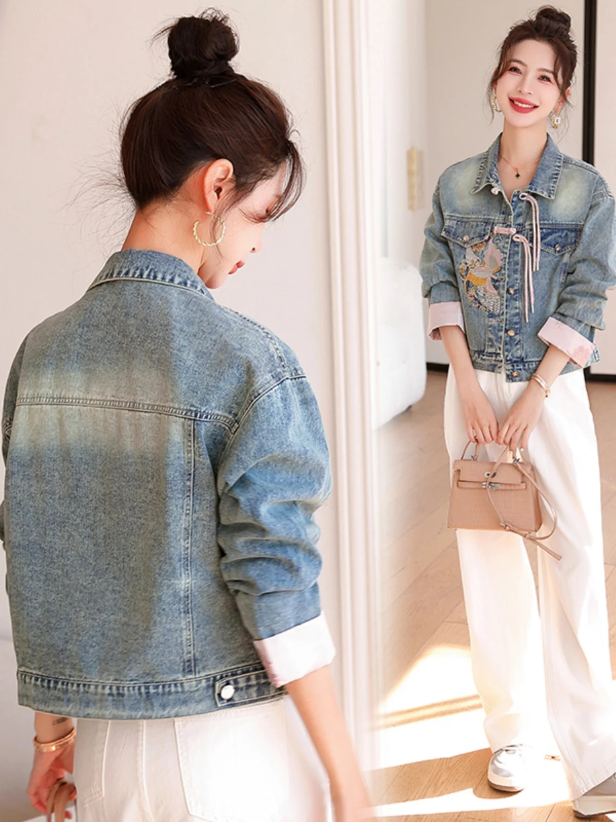 Neue chinesische Sle ort Jeans Jaet Damen Frühling Herbst Anti-Aging Label Cut-off Denim Mantel Loose Fit Long Sve