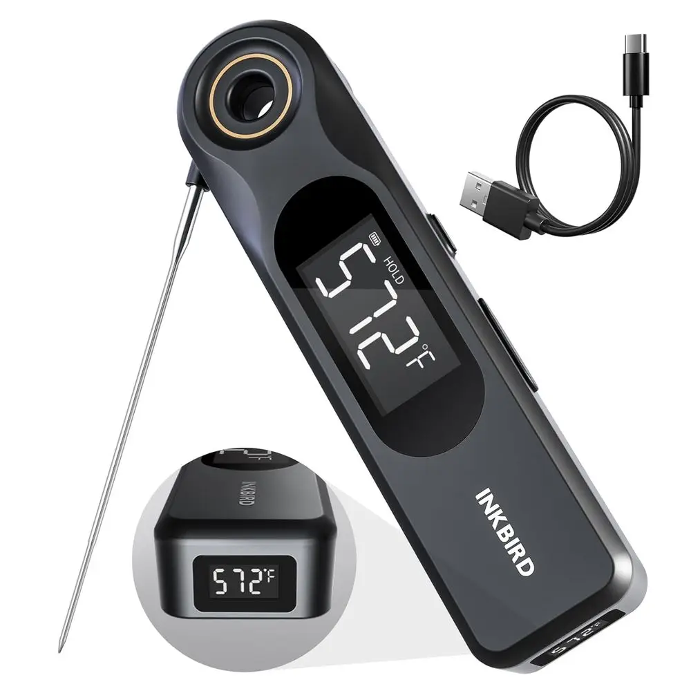 

Двухэкранное термометрическое устройство для мяса с мгновенным считыванием показаний, перезаряжаемое, время зарядки 0,5 секунды, для приготовления пищи и барбекю, профессиональный ультратонкий датчик 1,8 мм