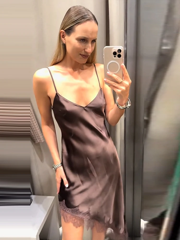 Vestidos sexis con tirantes de encaje para mujer, Vestidos irregulares con cuello en V y espalda descubierta de retazos, Vestidos ajustados de espagueti para mujer 2025