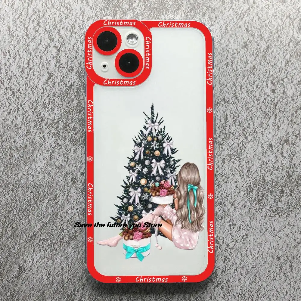 Cartoon New Year Christmas Phone Case For iPhone 13 12 11 14 15 16 Pro Max 15 16 PLUS Couple Fashion Girl Clear Soft bumper Case