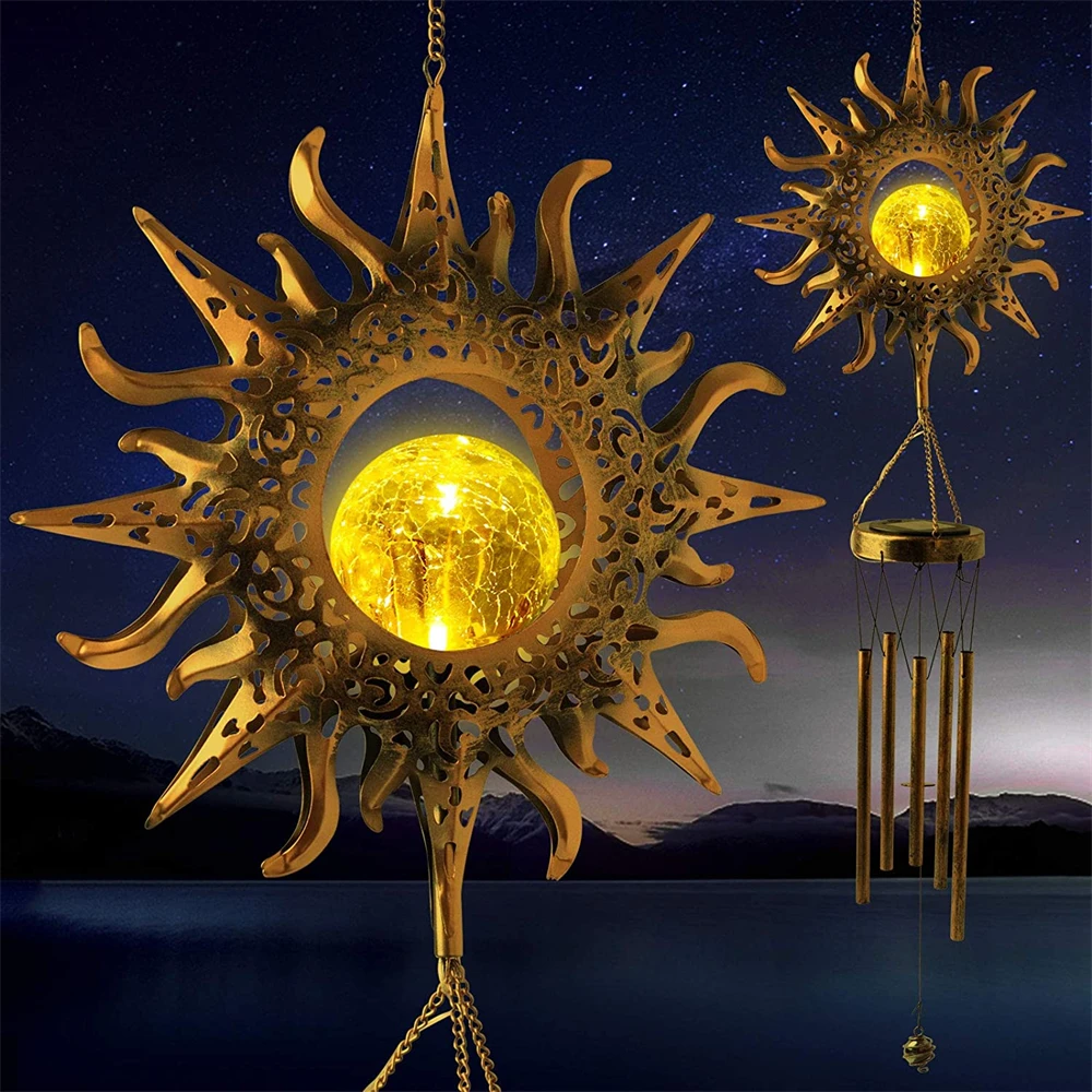 

Retro Solar Iron Wind Chimes Lights Outdoor Fairy Moon Sun Stars Hangings Wind Chime Lamp for Wedding Easter Xmas Party Decor