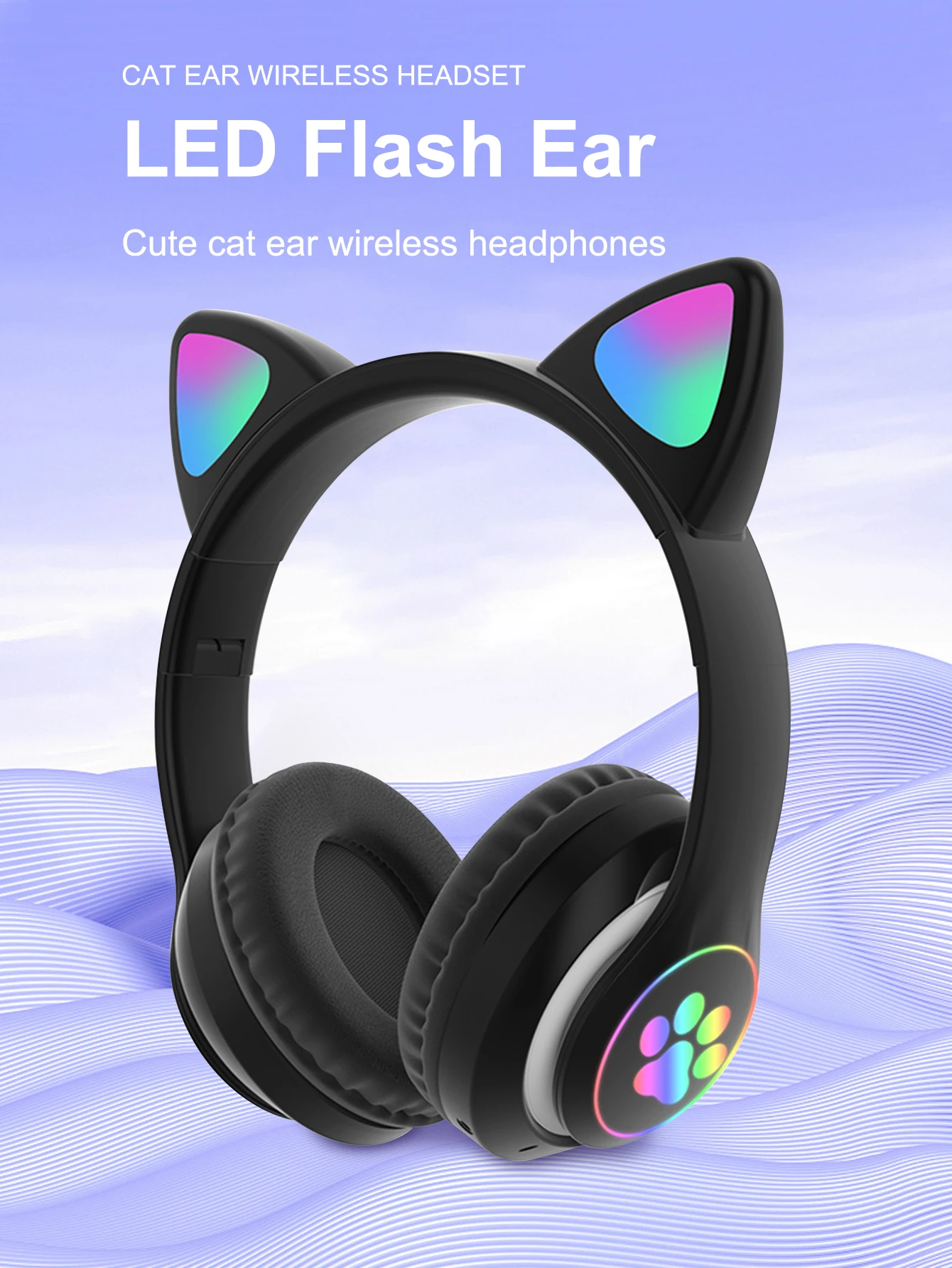 Wireless Headphone Flash Light Cute Cat Bluetooth with Mic Control LED Stereo Music Helmet Phone Bluetooth Headset Gift