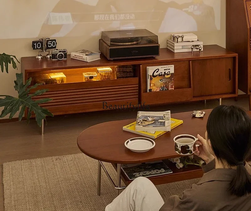 

yj19 Vintage Solid Wood TV Cabinet Japanese Nordic Furniture High-Leg TV Stand