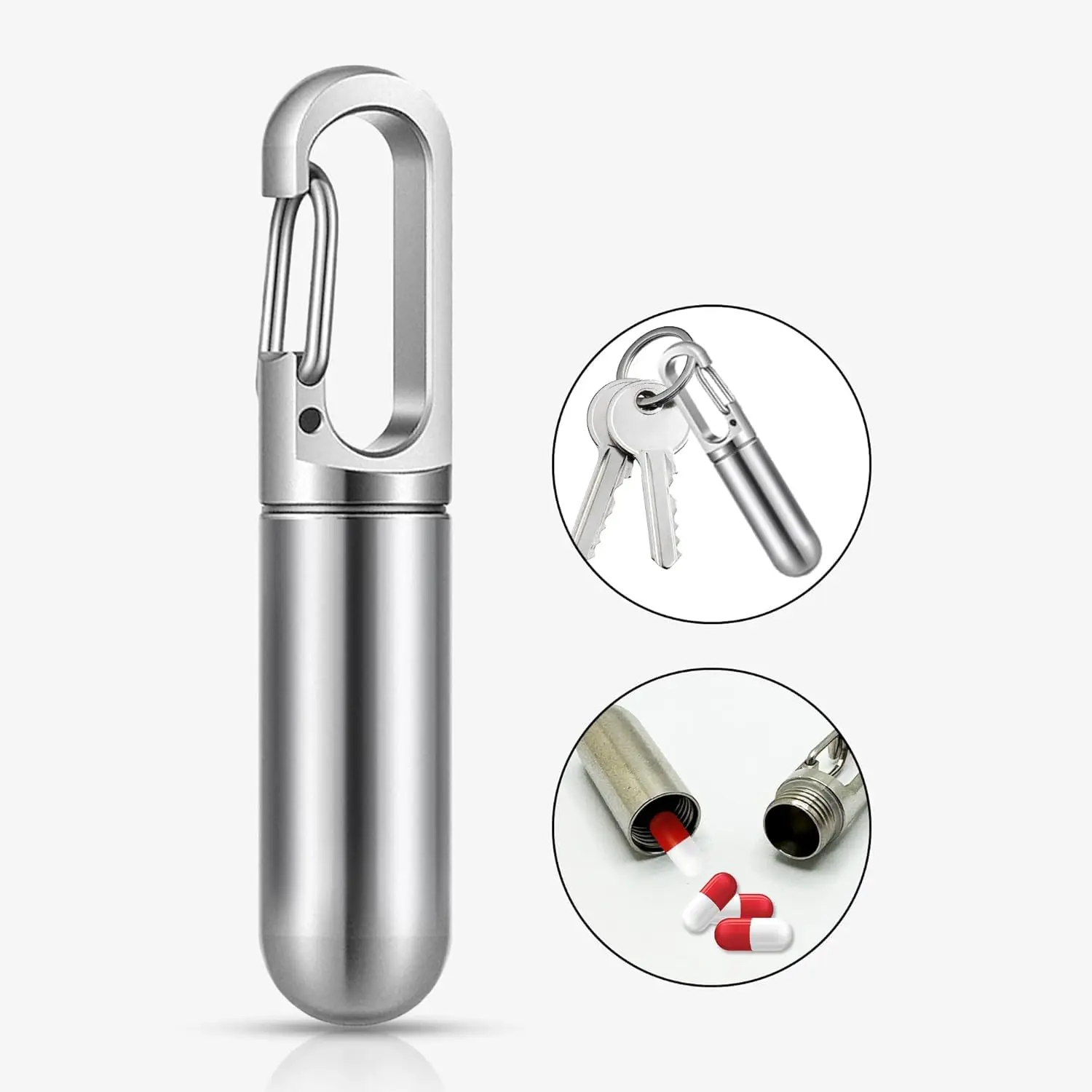 Keychain Pill Holder Small Pill Container with Carabiner Stainless Steel Metal Pill Case Portable for Purse Keyring Watertight ﻿