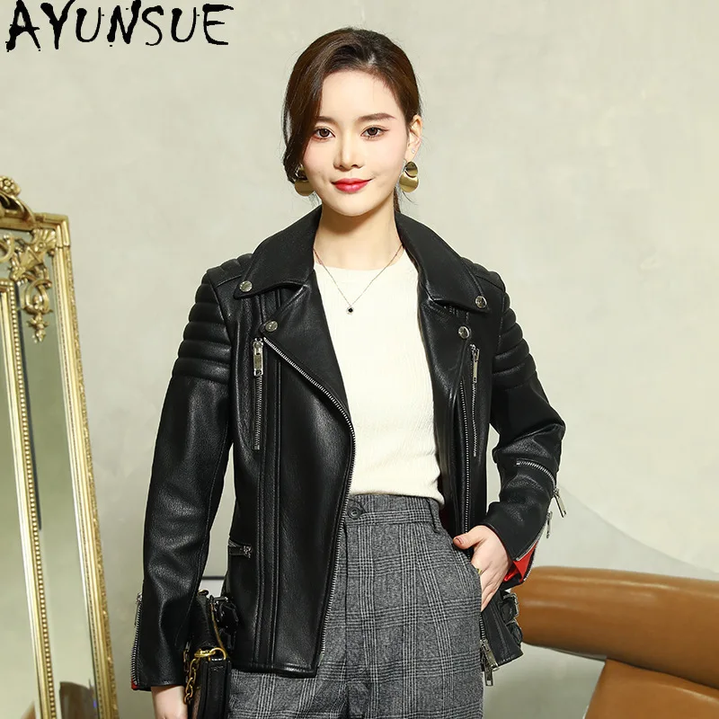 AYUNSUE 100% chaqueta De piel De oveja De piel auténtica para mujer, abrigo negro para motocicleta, ropa De primavera y otoño, chaqueta ajustada De cuero