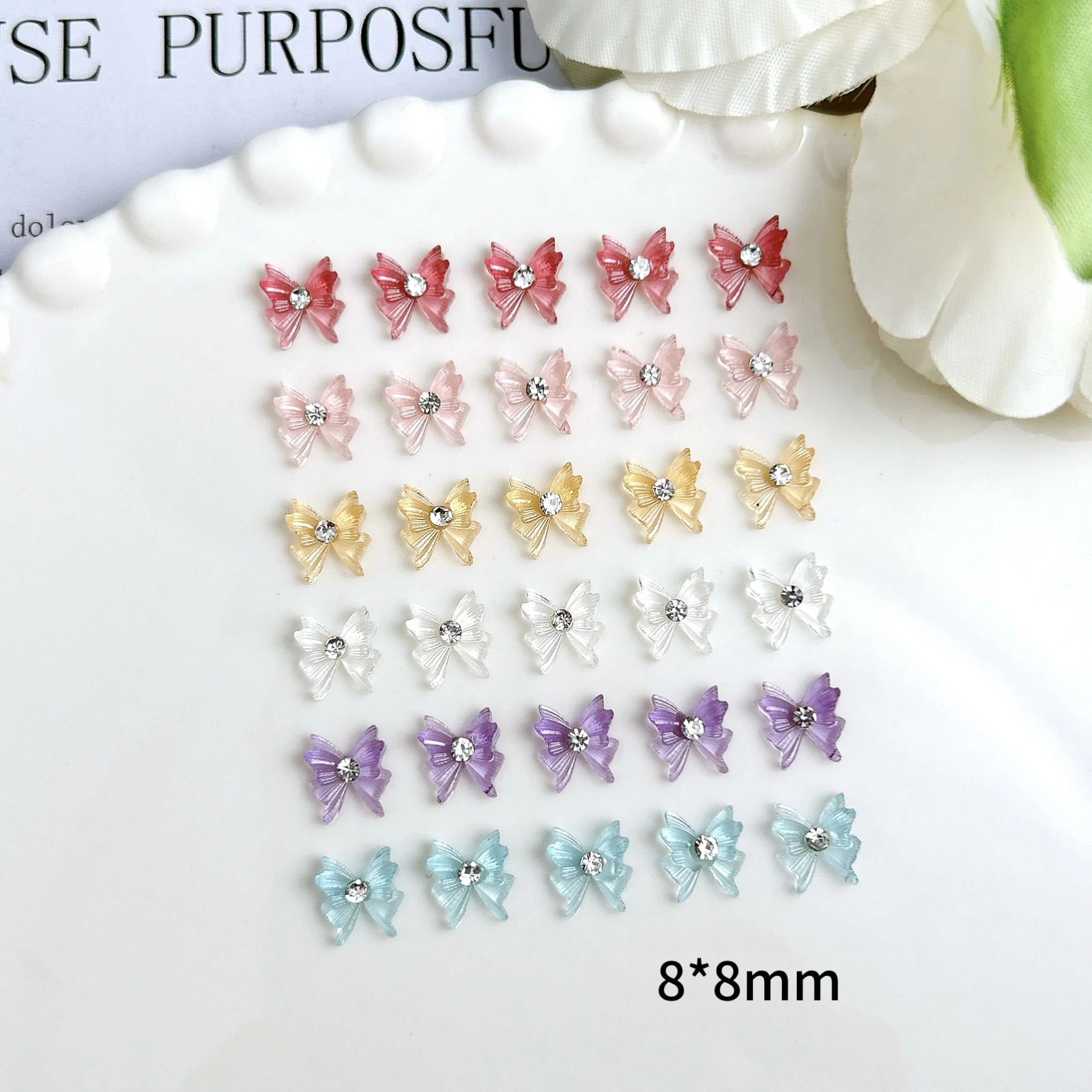 30PCS Ice Transparent Creative Bow Resin Nail Charms Colorful Butterfly Mini Rhinestones Inlaid Nail Art Decorations DIY Nails