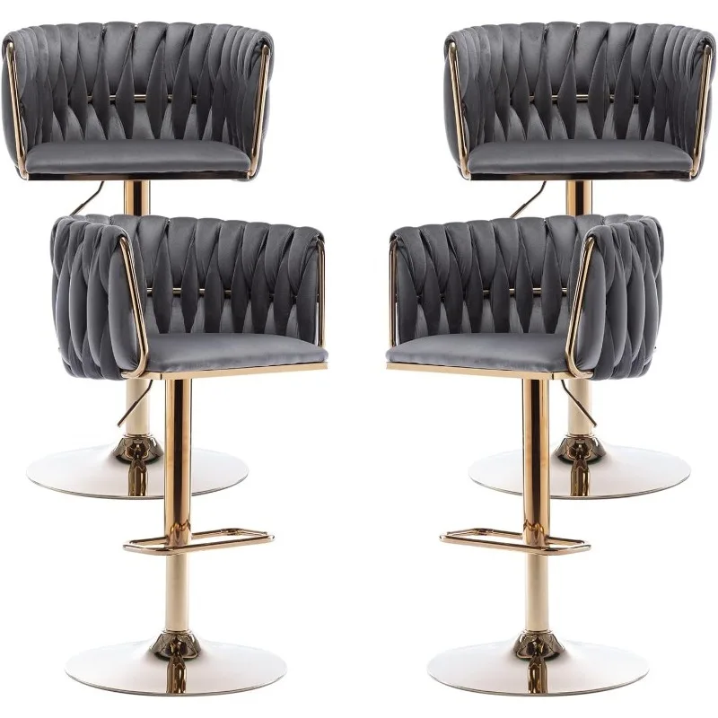 Velvet Bar Stools Set of 4, Swivel Counter Height Bar Stool with Woven Back, Gold Kitchen Bar Stools