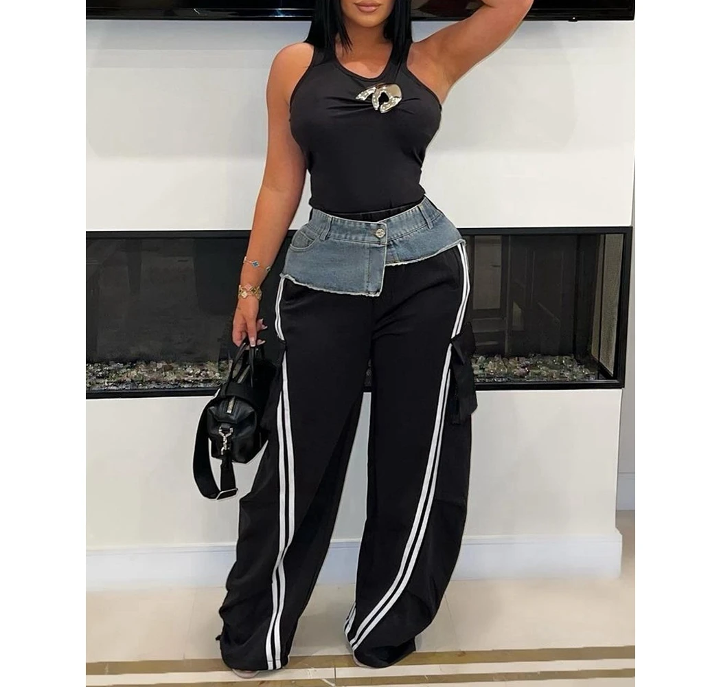 Women's Denim Patchwork Baggy Pants Side Stripes Design Wide Leg Pants Women with Patch Pockets Casual Baggy Sweatpants
