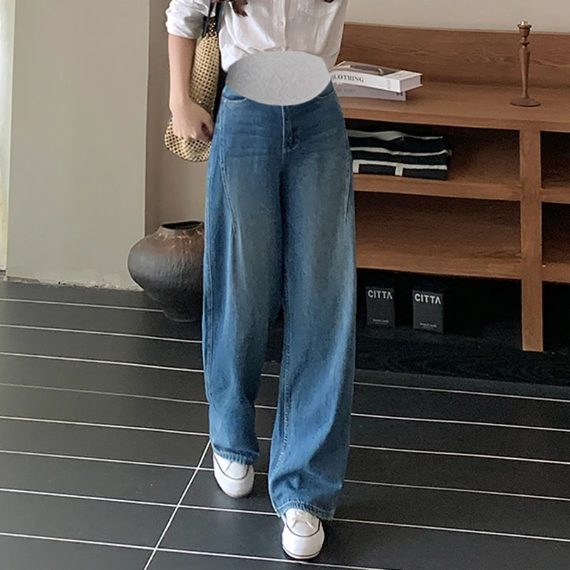 

Navy Blue High-Waisted Maternity Denim Wide-Leg Pants for Women 2025 Autumn/Winter Casual Plus-Size Trousers Slim Straight Jeans