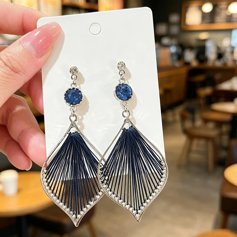 Bohemian Vintage Cotton Thread Water Drop Klein Blue Earrings for Women Personalized Handmade Stud Earrings Jewelry Gift