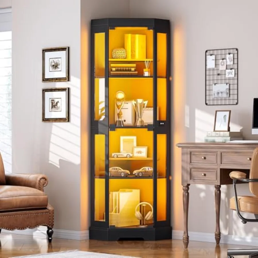 Corner display cabinet with tempered glass doors, black finish, LED lighting, 6-tier modern curio cabinet for collectibles and view 4