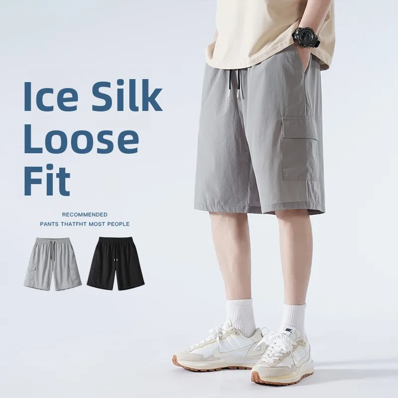 

American Sle Workwear Pants Men's Summer Ice Silk High Street Multi ket orts Loose Sports Casual Student Five-Quarter ...