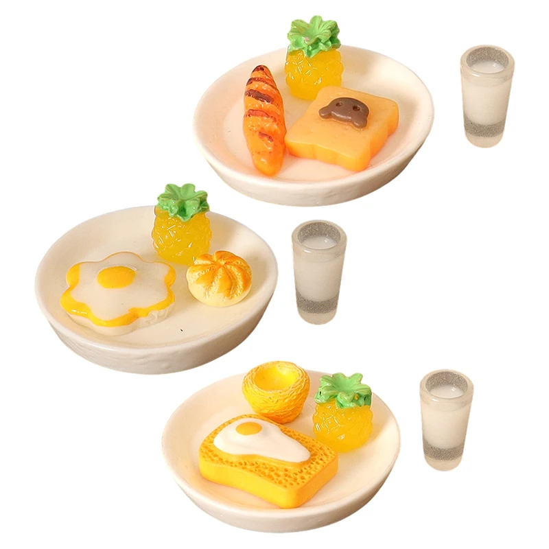 1 Set Dollhouse Miniature Breakfast Hamburger Croissant Butter Bread Toast Milk Egg Pineapple Pie with Tray Kitchen Food Toys