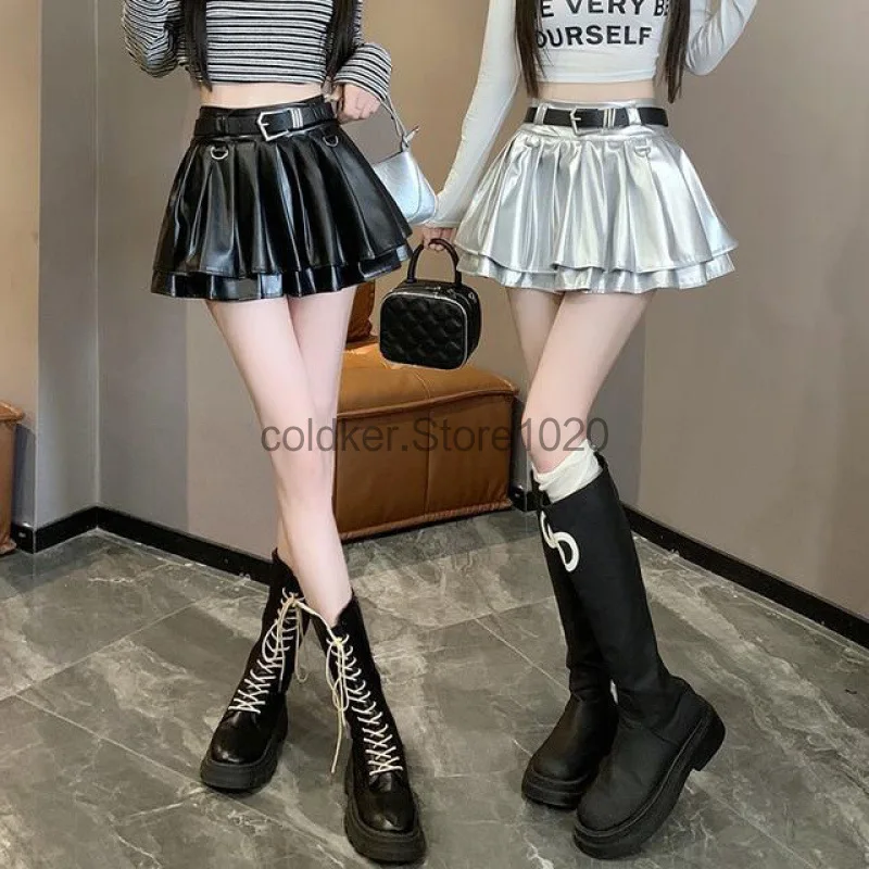 

New Women Fashion Pu Leather Shiny Pleated Skirt Black Silver Y2k High Waist Sexy Mini Skirts Ladies Preppy Style Streetwear