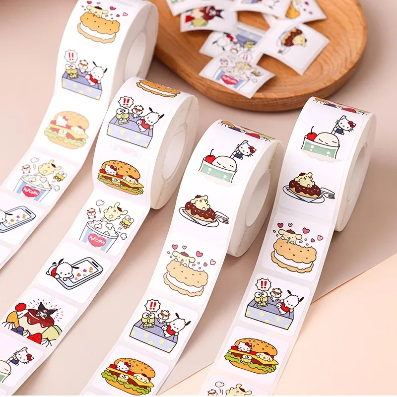 Sanrio Gourmet Stickers Square Seal Stickers 500PCS Self-adhesive Labels Children\'s Cartoon Roll Stickers Christmas Gifts