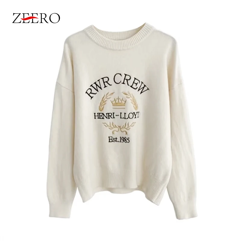 Autumn Winter Women Letters Embroidered Sweater Tops Female Vintage Versatile Gray Y2k Knitwear Pullovers Jumper Sueter Mujer