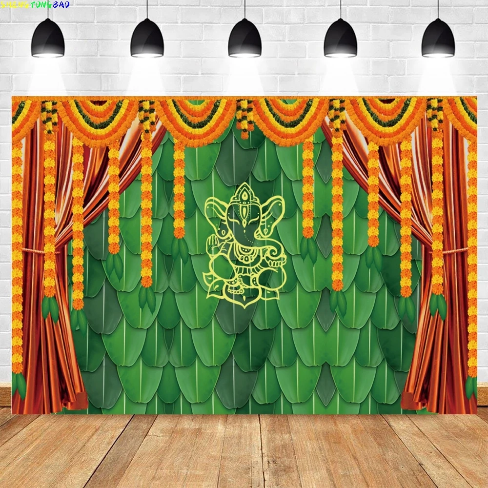 

India Pooja Traditional Backdrop for Photography Marigold Green Banana Leaf Chatiya Ganesh Background Puja Ganpati Wedding Party