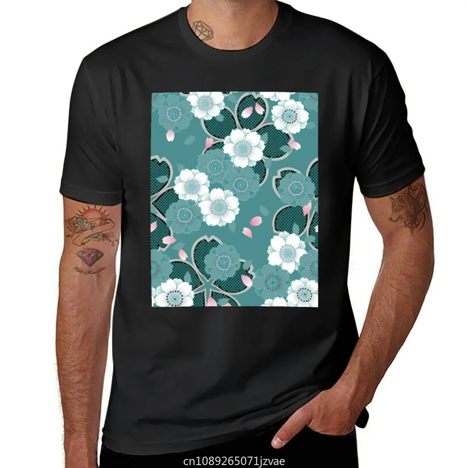 Pink White Teal Floral Japanese Sakura Kimono Pattern T-Shirt anime clothes plain black t shirts men