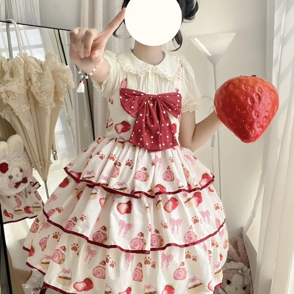 

Bow Slim Waist Dress + Short-sleeved Shirt Cute Strawberry Print Lolita Sweet Girl Strap Dress Two Piece Sets Womens Outifits