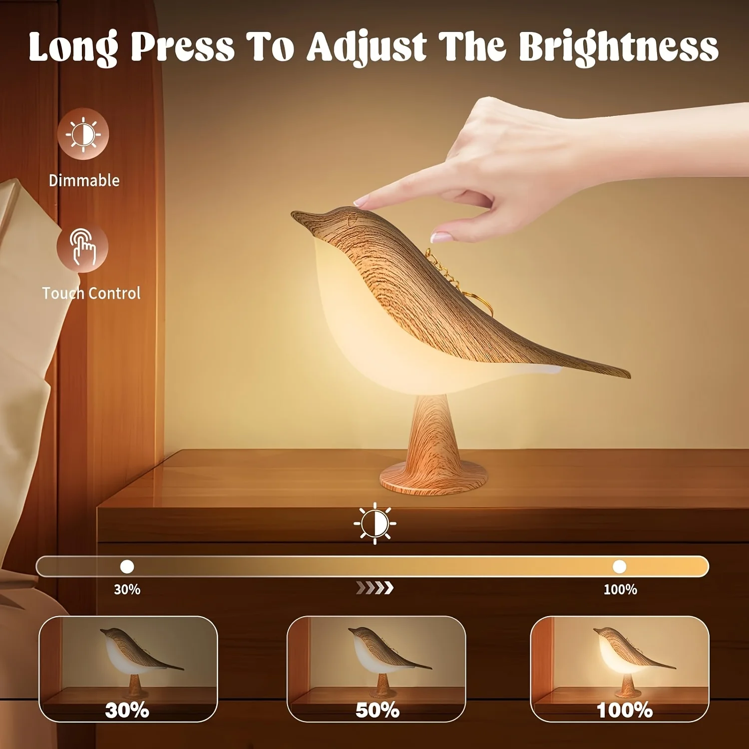 Touch small table lamp bird lamp 3-color dimming USB rechargeable cordless bedside night light children's bedroom living room