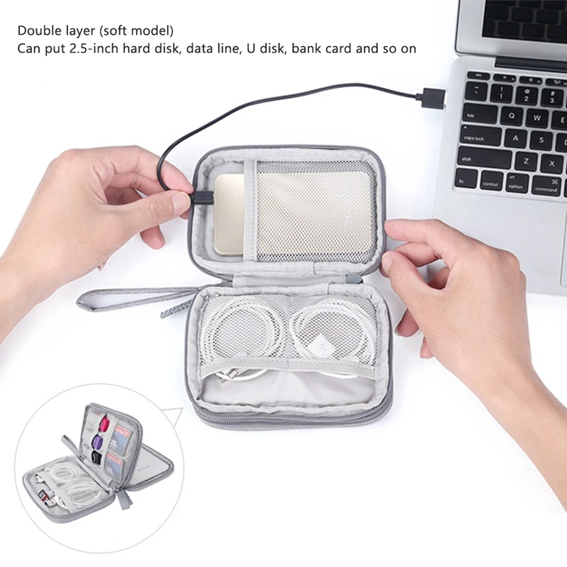 For Portable Double-Layer Storage Bag For Ipad Mini Kindle Cable, Charger, Mobile Phone Headset And SD Card