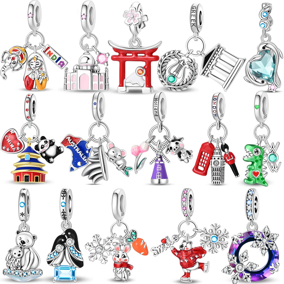 

Charms 925 Sterling Silver Pendant Landmark Building DIY Necklace Bracelet Gift Souvenir Dinosaur Dolphin Bear Snow Jewellery