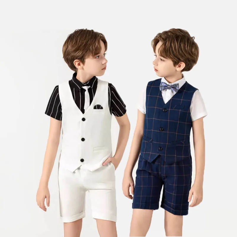 

Gentleman Kids 4Pieces/Set Vest Shirt Shorts Bowtie Photograph Suit Back To School Boys WaistCoat Dress Children Party Costume