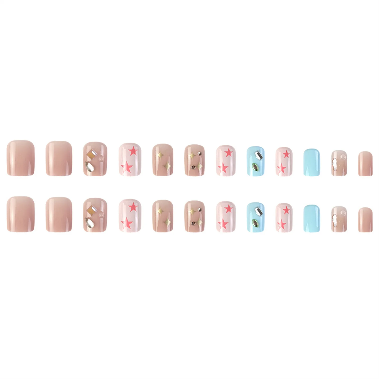 Milk Tea & Blue Short Fake Nails Natural Unbreakable Nail Simple Wear for Hot Girl Dress Matching