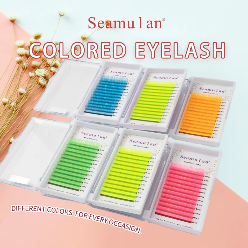 

Colorful Individual Lashes Natural False Mink Eyelash Extension Yellow Blue Green Pink Orange Flu Color Silk Russian Volume Lash