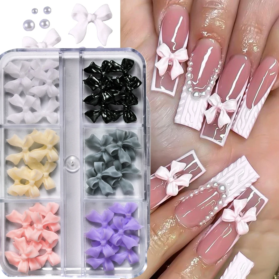 30Pcs Mixed White Resin Ribbon Nail Art 9.8*10mm 3D Flat Bottom Kawaii Ribbon Nail Charms DIY Korean White Bow Manicure Parts