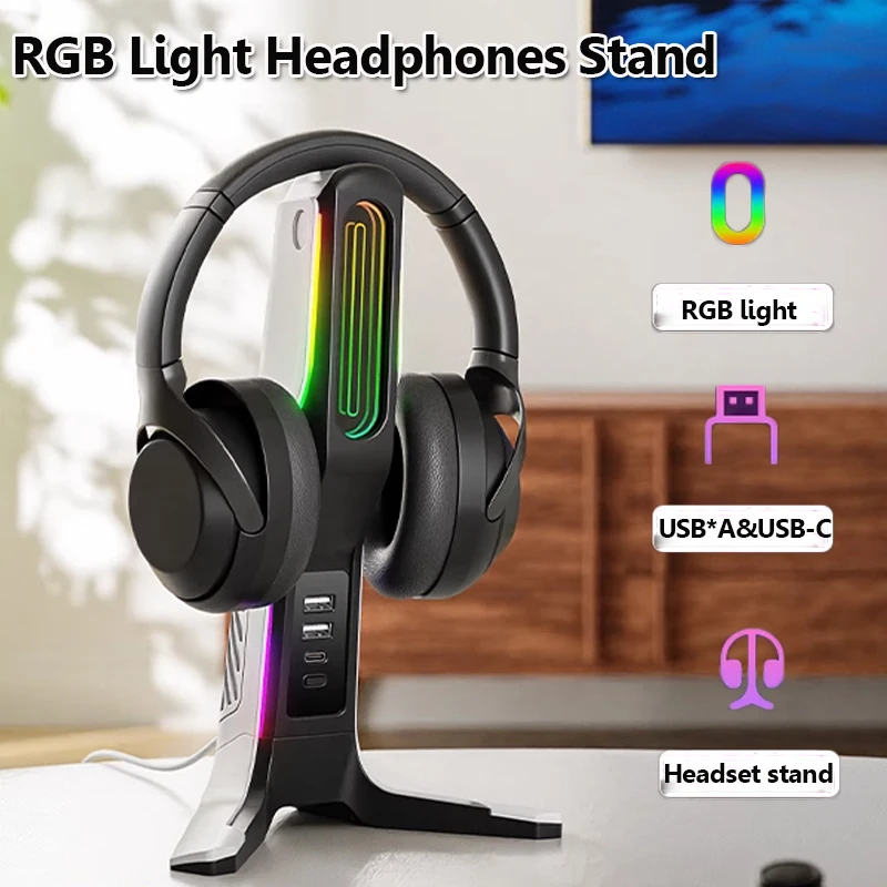 RGB Gaming Headphones Stand 2.0USB&Type-C Port Desktop Holder Bracket for PC Computer Gamer Headset/Xbox One/PS5 Easy Install