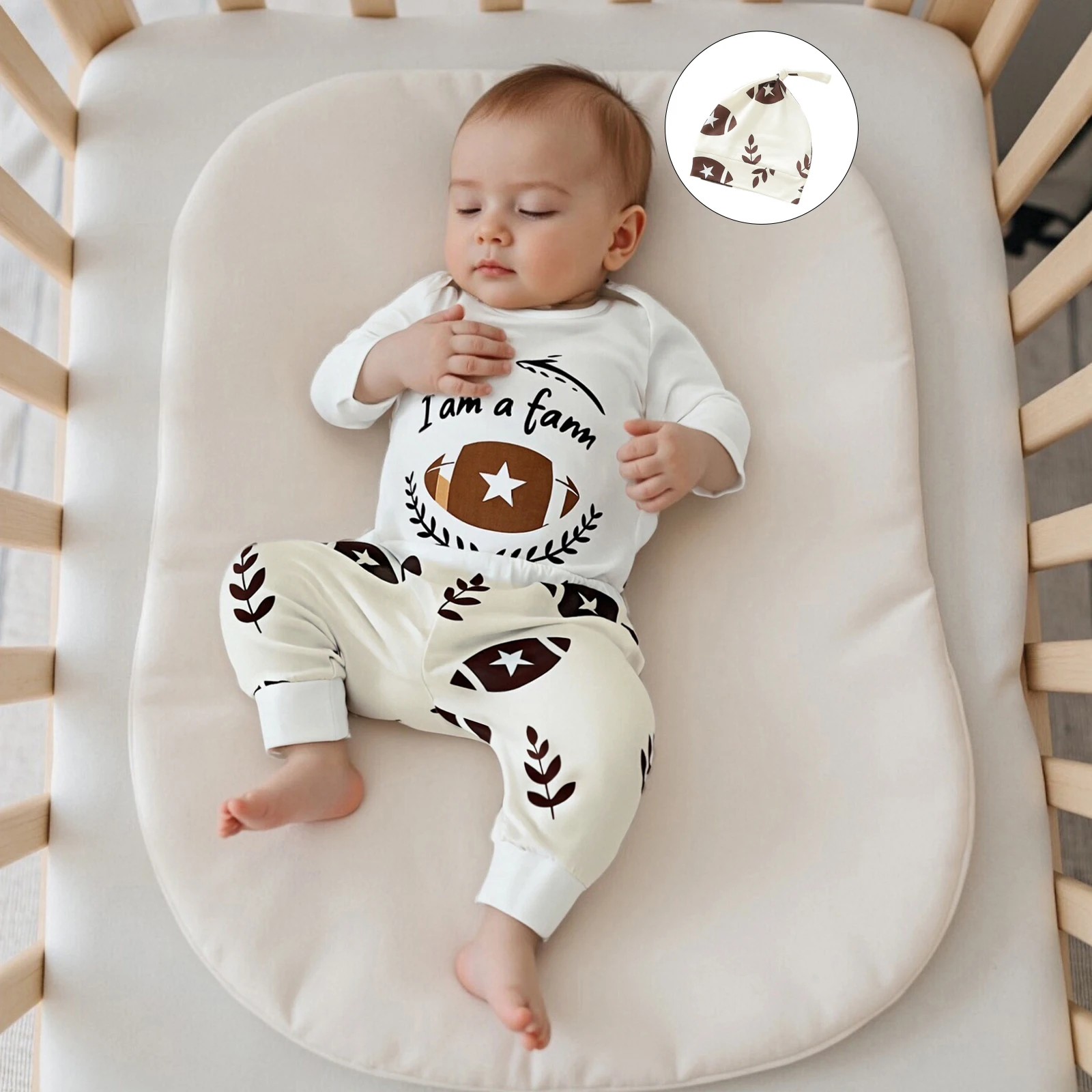 Baby Herbst Kleidung Brief Drucken Langarm Strampler Fußball Blatt Muster Lange Hosen und Hut 3 Stücke Outfit