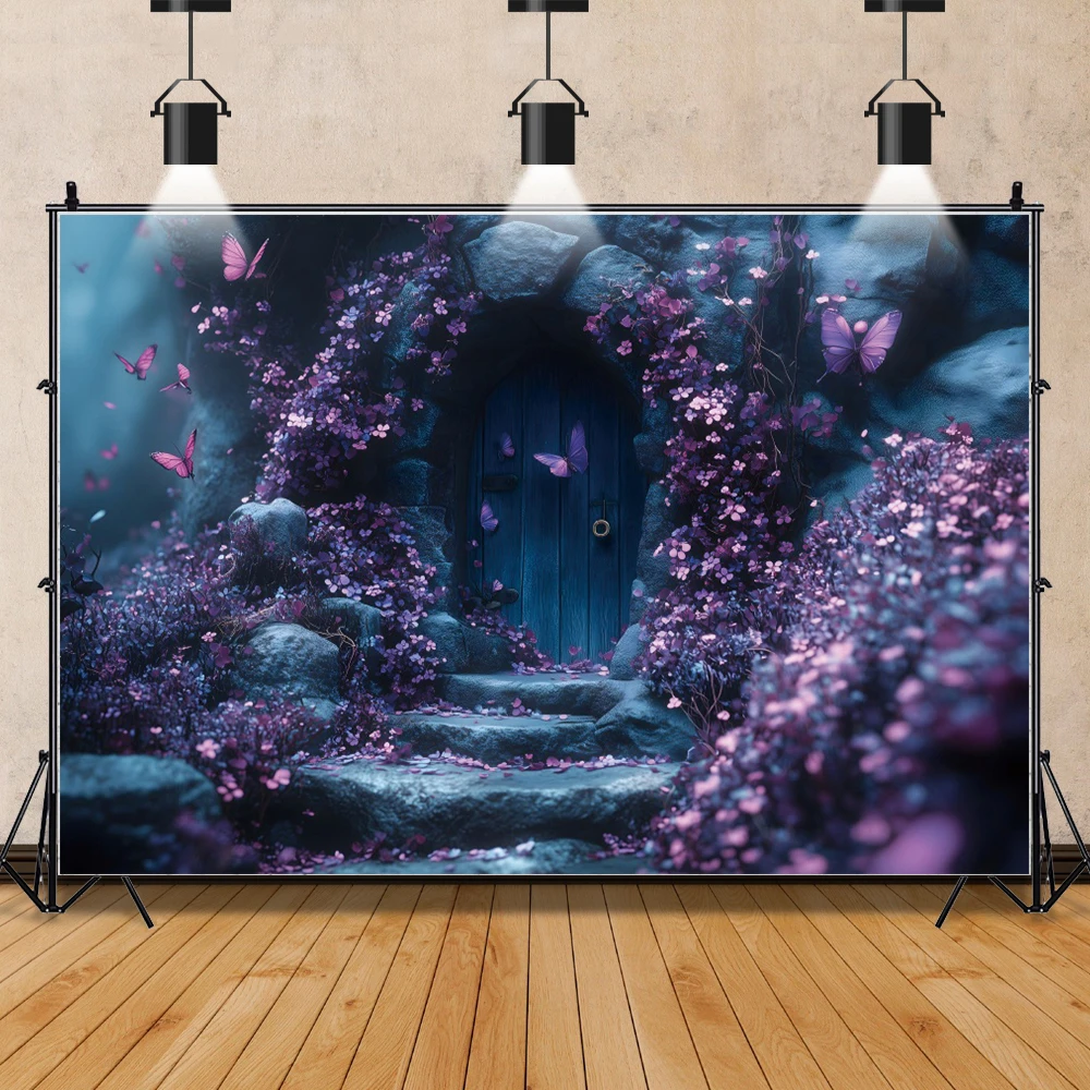 Purple Jungle Flower Butterfly Photography Background Dreamy Forest Magic Log Cabin Baby Birthday Portrait Backdrop Photo Studio