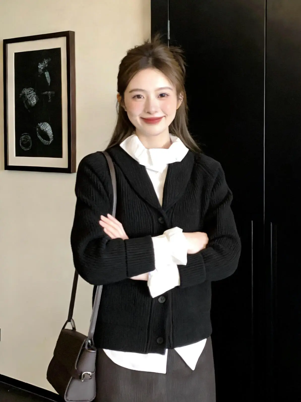 

Корейский свободный вязаный кардиган с отложным воротником для женщин, с длинными рукавами, весенний, модный, теплый, мягкий, уютный женский топ