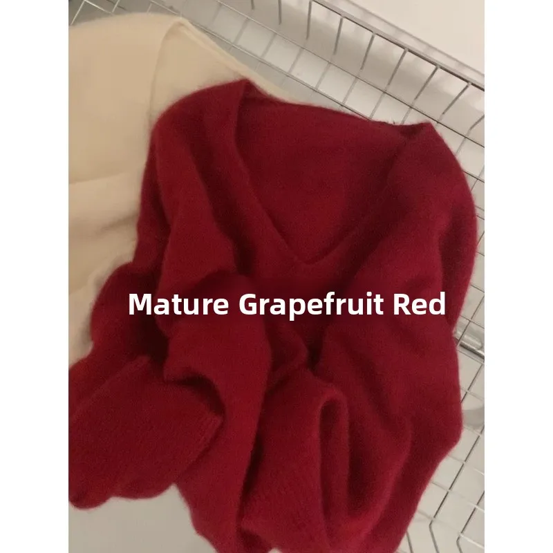 

Red Bear Fur V-Neck Sweater Lazy Style Christmas New Year Guangzhou Thirteenth Factory Outlet Knitwear Women's Fashion