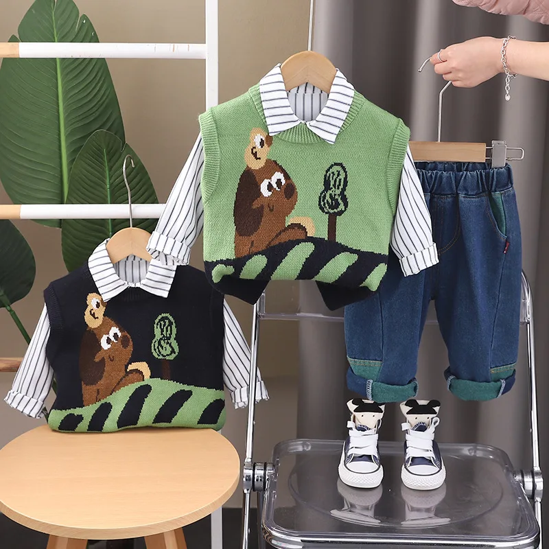 

Boys Clothes Sets Spring Autumn 2025 Children Woolen Jersey Vest Shirts Pants 3pcs Sweaters Suit For Baby Tracksuits Kid Outfits