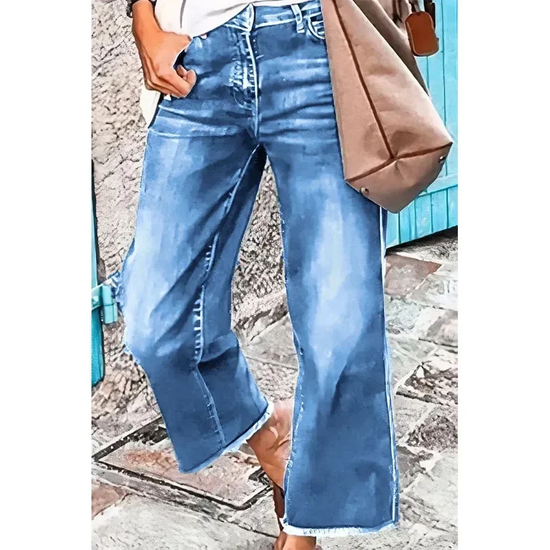 جينز نسائي من قماش الدنيم متوسط الخصر بطول الركبة سروال مستقيم 2025 متعثر غسيل سادة جيوب يطير شارع العليا فضفاض