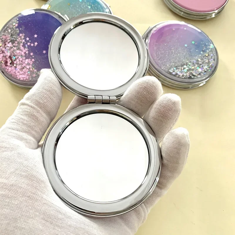 Double-Sided Folding Cosmetic Mirror Female Gifts With Flowing Sparkling Sand Mini Makeup Compact Pocket Mirrors