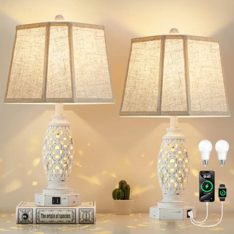 

Набор из 2-х прикроватных ламп (23,5 дюйма) с USB A+C и ночником - Настольные лампы в стиле рустик/фермерский дом для спален