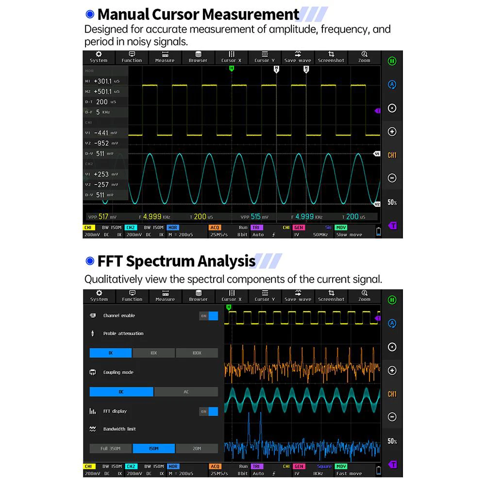 DPOS350P 4-in-1 Tablet Oscilloscope 2-channel 350MHz Signal Generator 50MHz, Spectrum Analyzer Frequency Response Analyzer