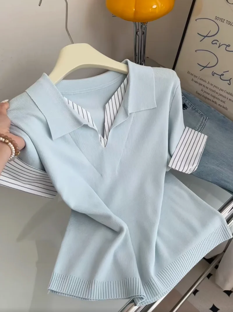 

Summer New Style Women's Short Sleeve T-shirt Striped Patchwork Self-kept Version Korean Style Commute Straight Cut Silk
