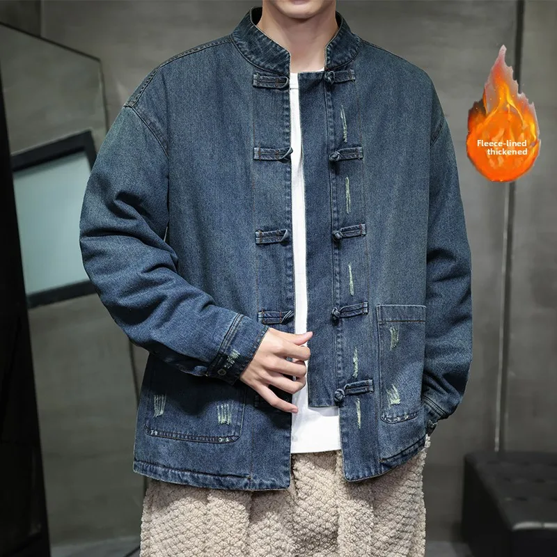 

Waed Denim Jaet Men's Thiened Fce Stand Collar Tang Costume Sle Outerwear Autumn Winter Warmth Youth Faion