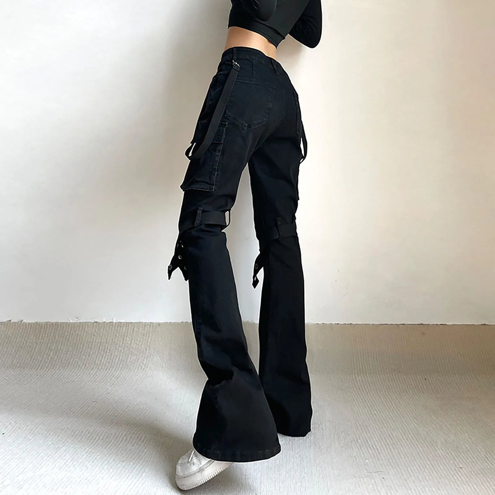 Fashion Punk Gothic Rivets Patchwork Cargo Pants Sexy High Waist Black Straight Long Trousers Metal Jeans Pants Streetwear