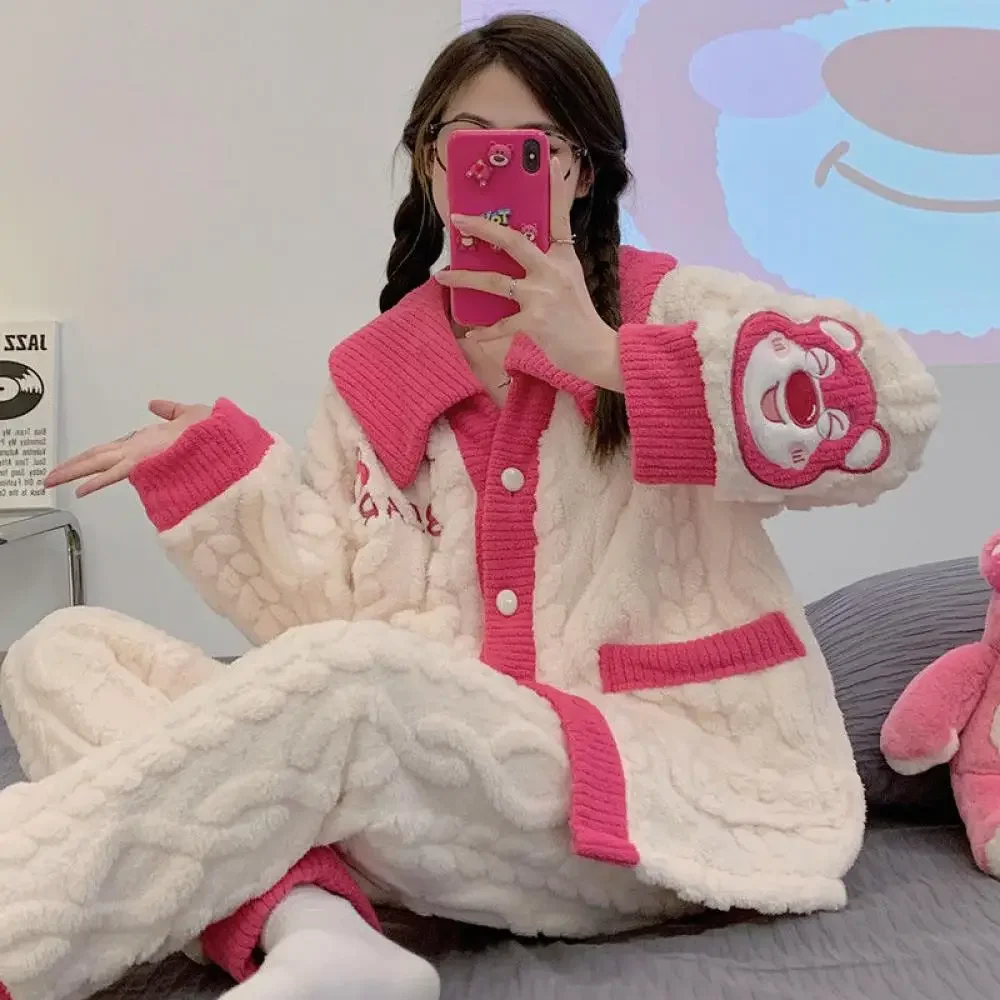 Sanrioed Cartoon Cinnamoroll Pluche Pyjama Set Kuromi Vrouwen Coral Fleece Thuis Kleding Anime Kawaii Leuke Dikker Meisjes Tops Broek